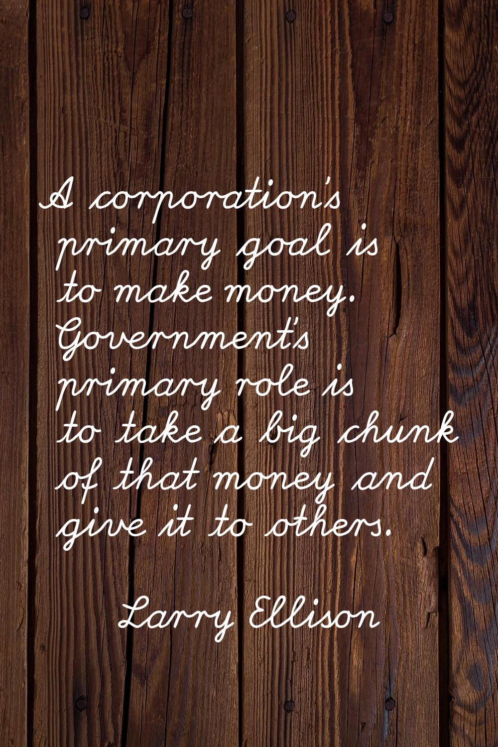 A corporation's primary goal is to make money. Government's primary role is to take a big chunk of 