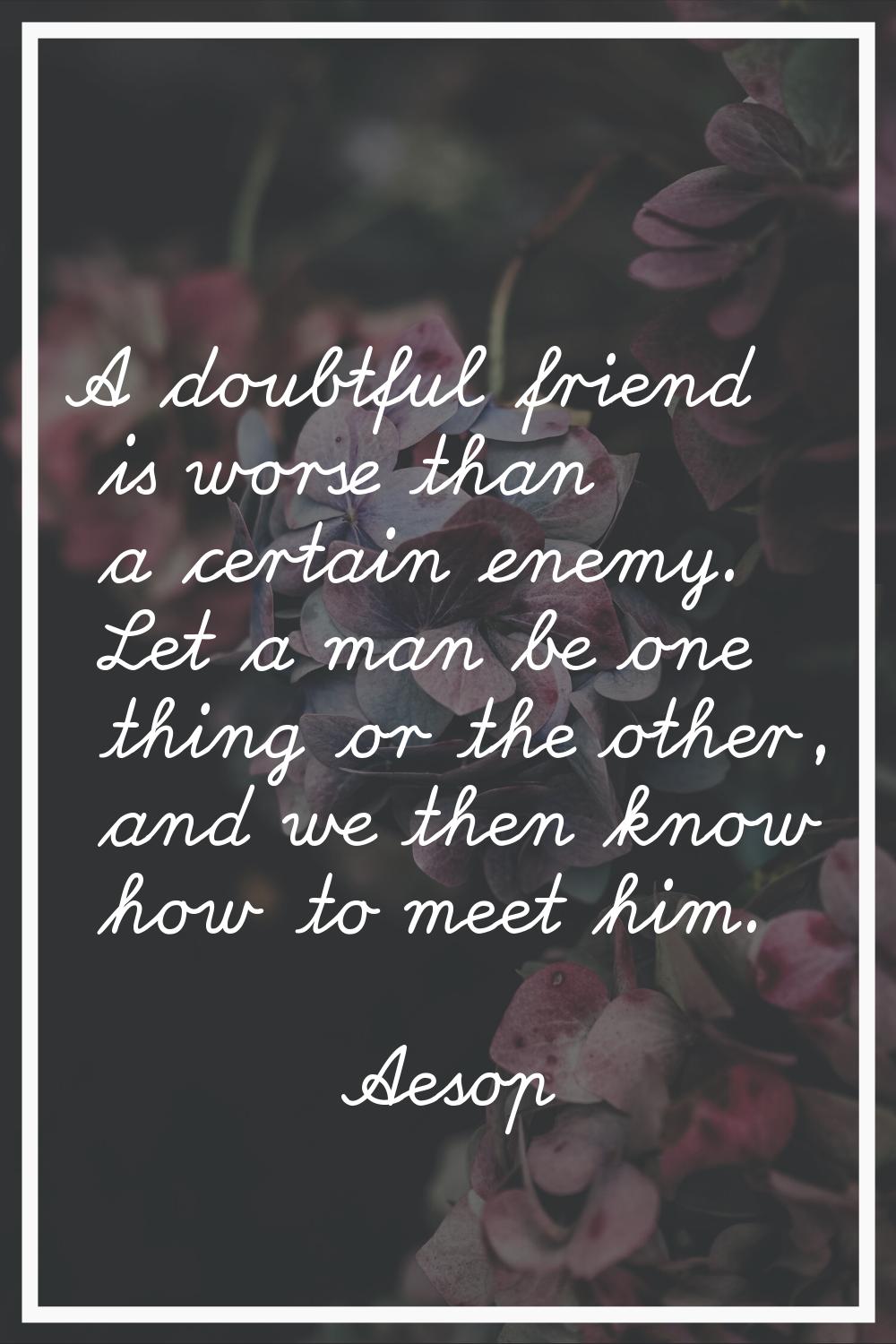 A doubtful friend is worse than a certain enemy. Let a man be one thing or the other, and we then k
