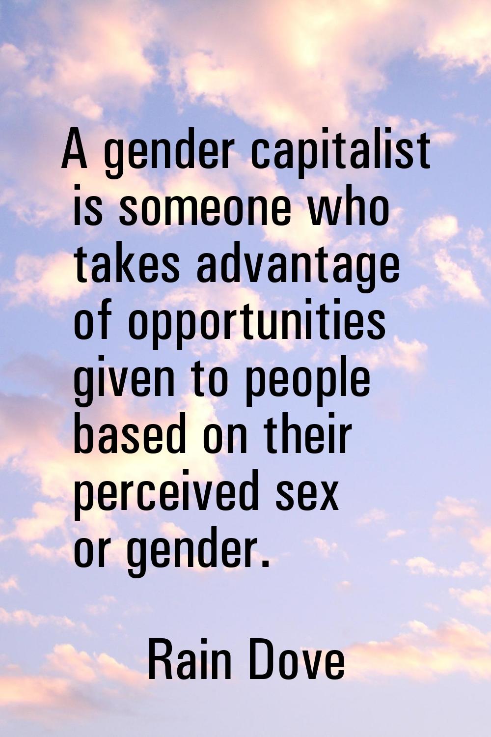 A gender capitalist is someone who takes advantage of opportunities given to people based on their 