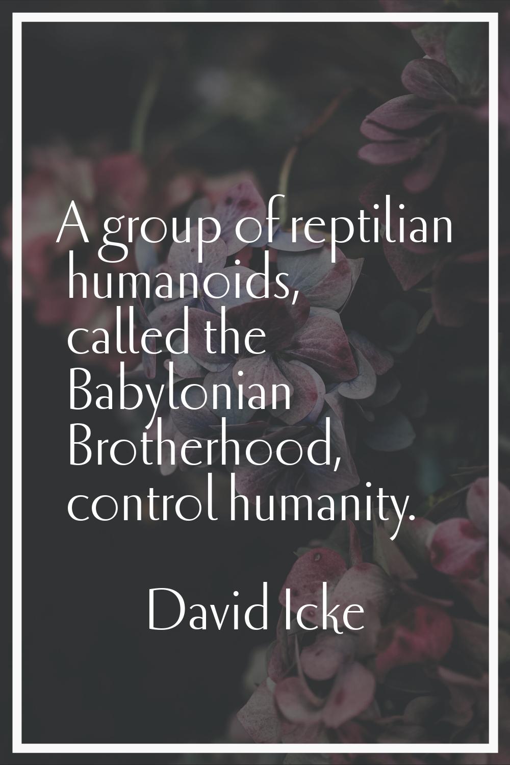 A group of reptilian humanoids, called the Babylonian Brotherhood, control humanity.