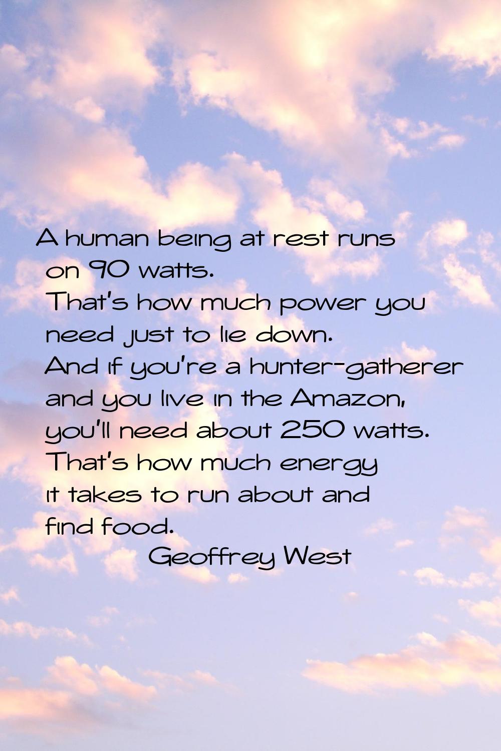 A human being at rest runs on 90 watts. That's how much power you need just to lie down. And if you