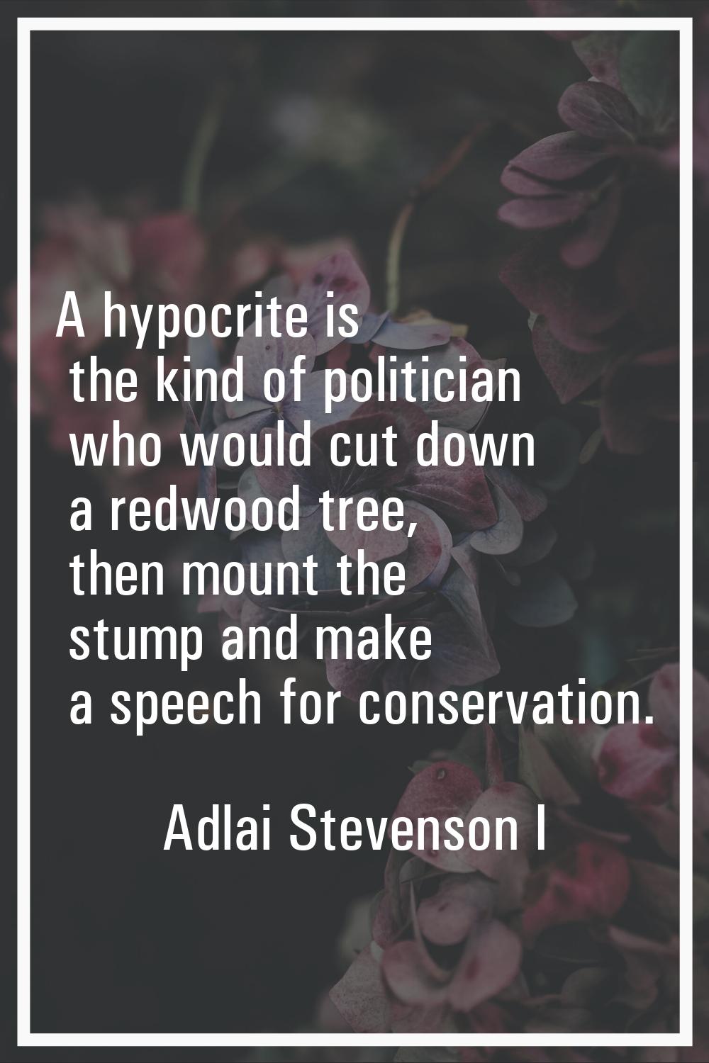 A hypocrite is the kind of politician who would cut down a redwood tree, then mount the stump and m