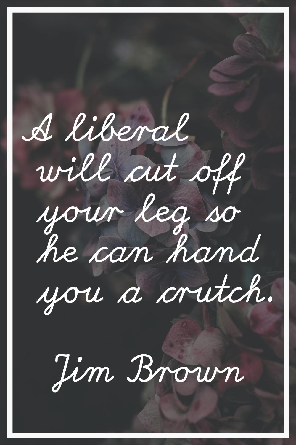 A liberal will cut off your leg so he can hand you a crutch.