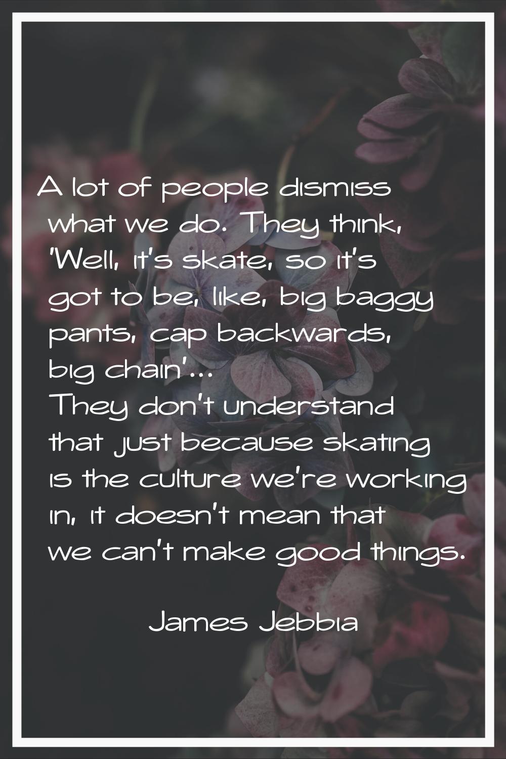 A lot of people dismiss what we do. They think, 'Well, it's skate, so it's got to be, like, big bag