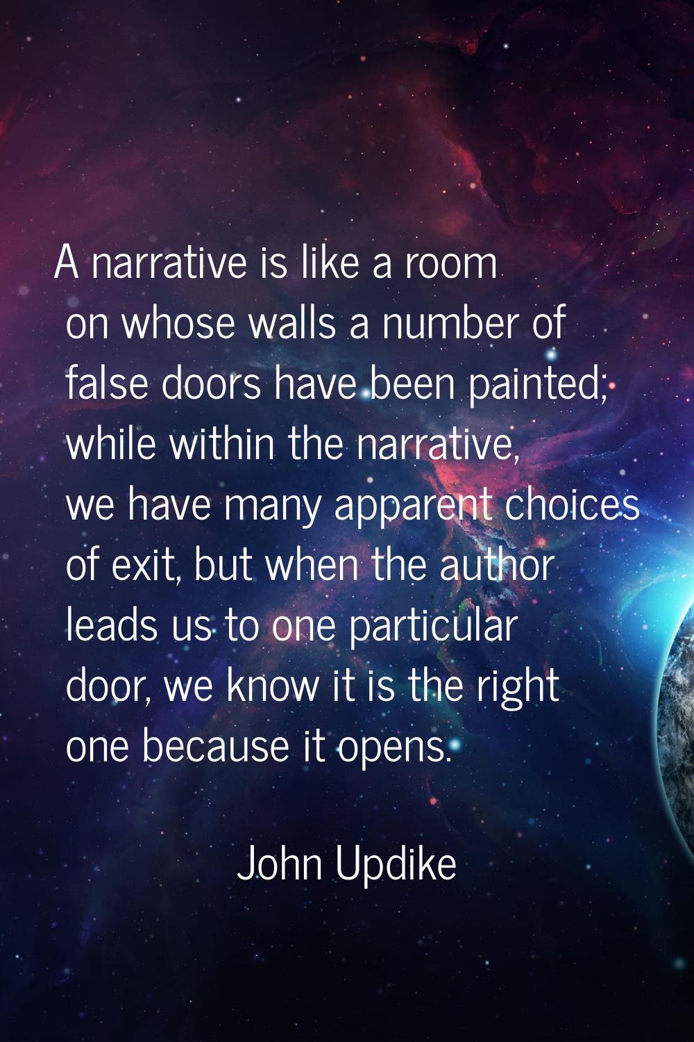 A narrative is like a room on whose walls a number of false doors have been painted; while within t