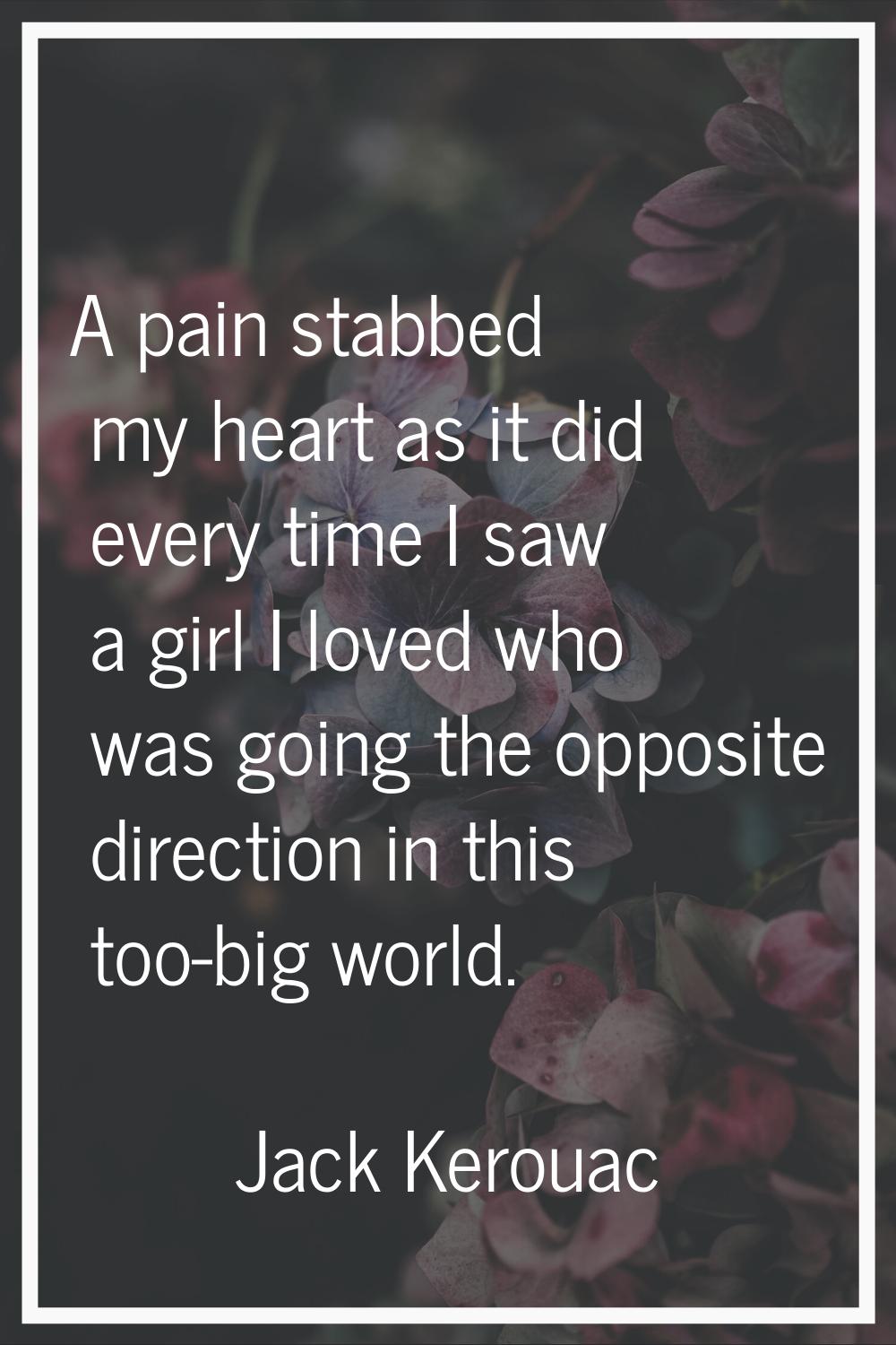 A pain stabbed my heart as it did every time I saw a girl I loved who was going the opposite direct