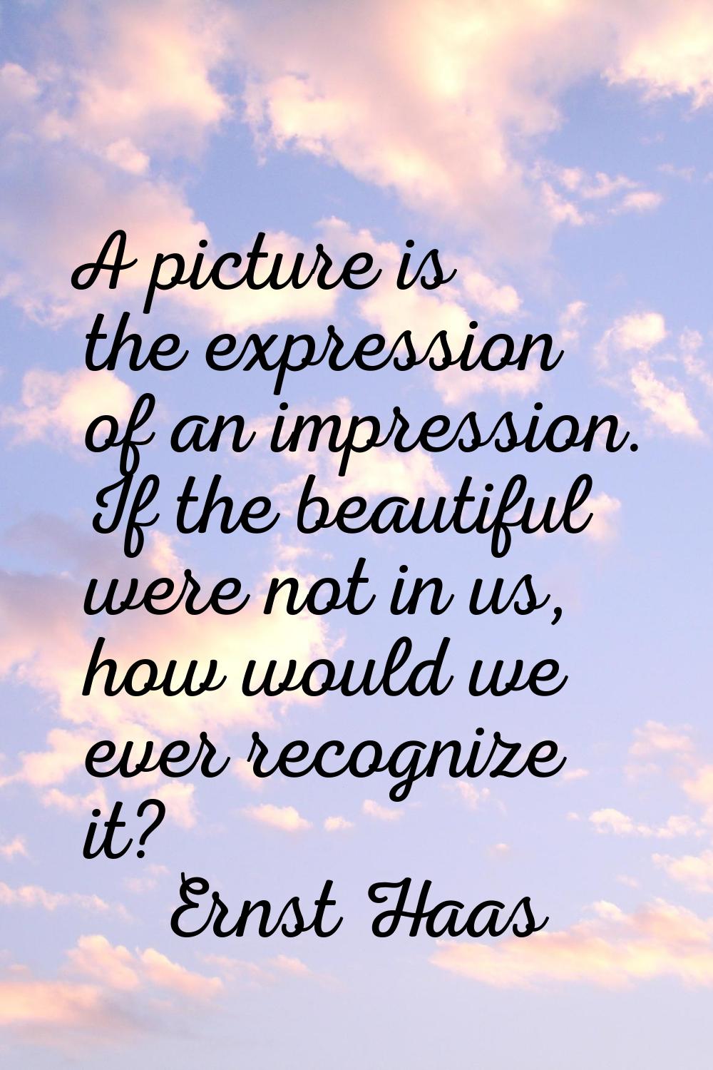 A picture is the expression of an impression. If the beautiful were not in us, how would we ever re