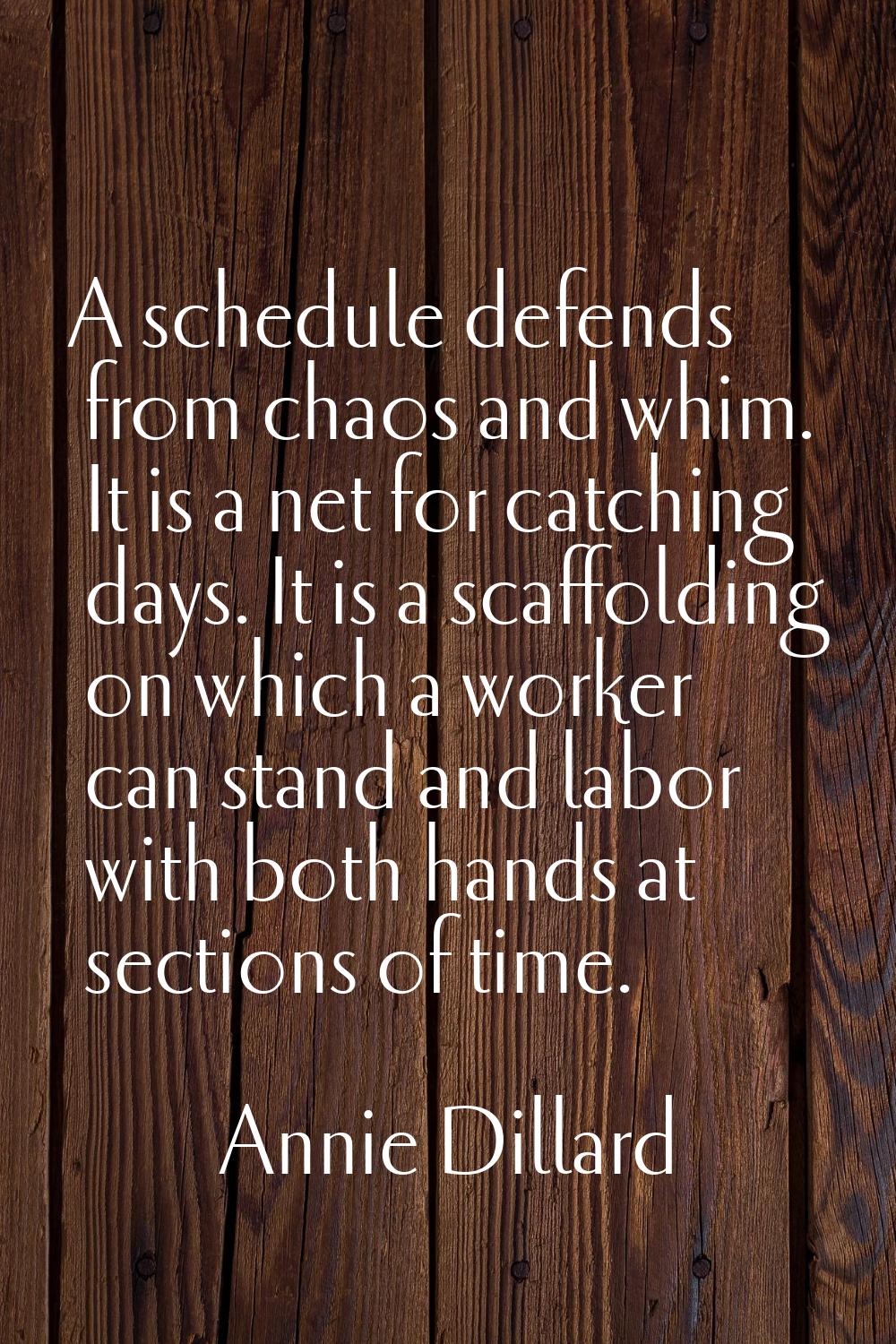 A schedule defends from chaos and whim. It is a net for catching days. It is a scaffolding on which