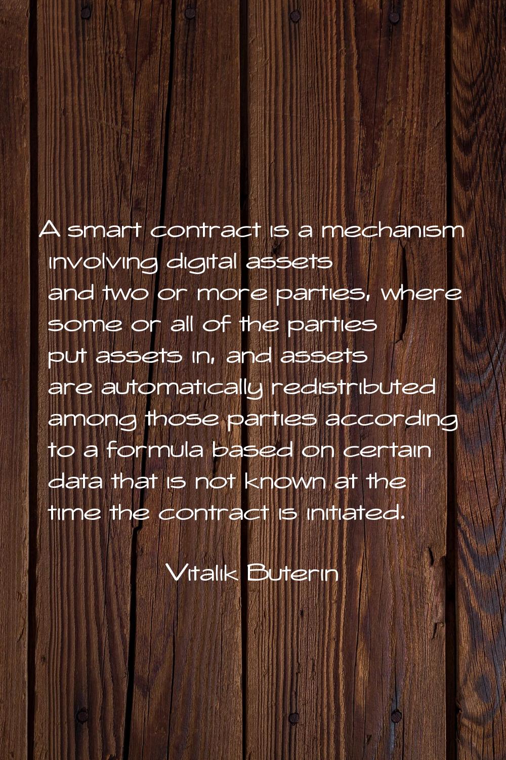 A smart contract is a mechanism involving digital assets and two or more parties, where some or all
