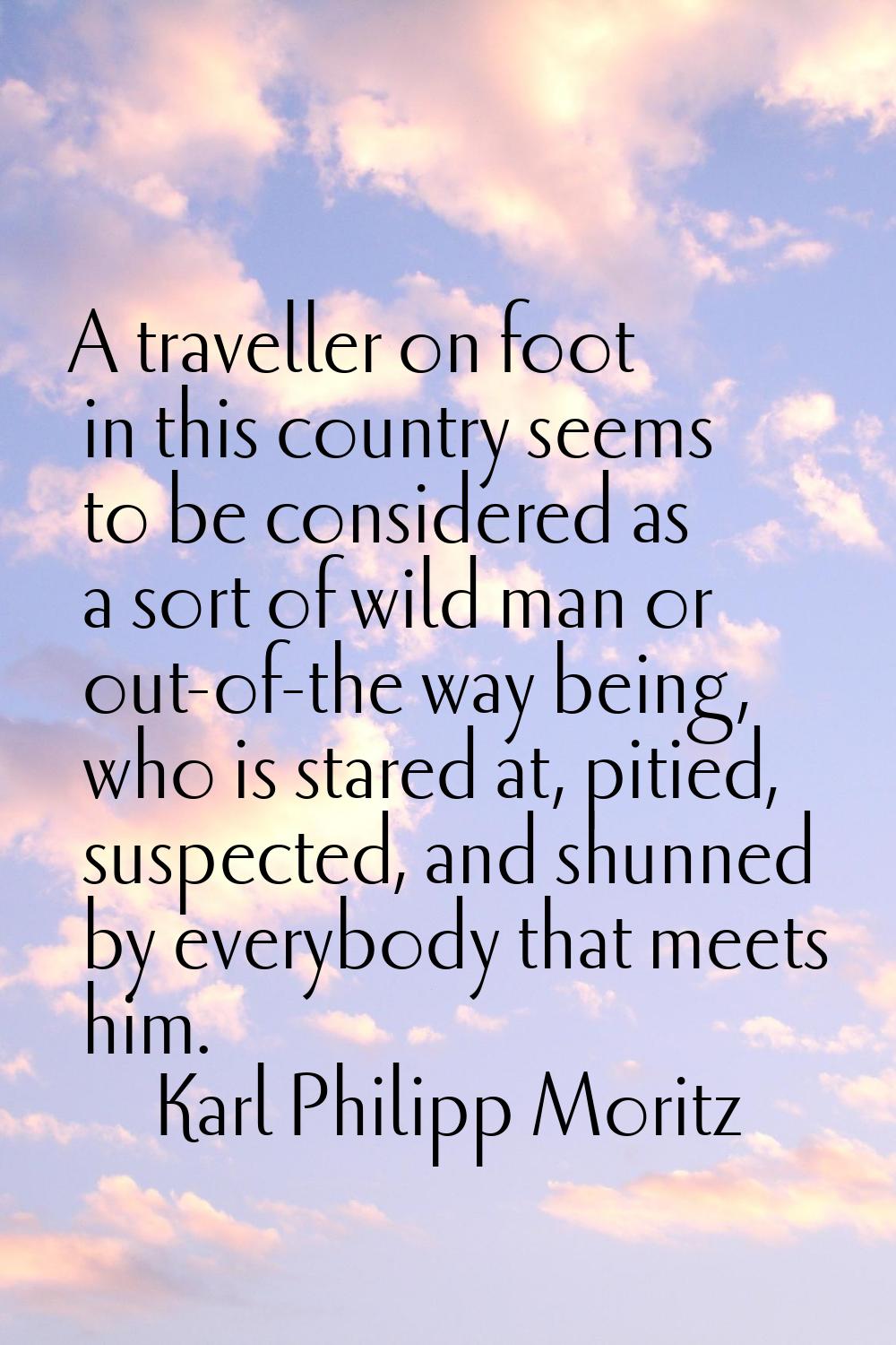 A traveller on foot in this country seems to be considered as a sort of wild man or out-of-the way 