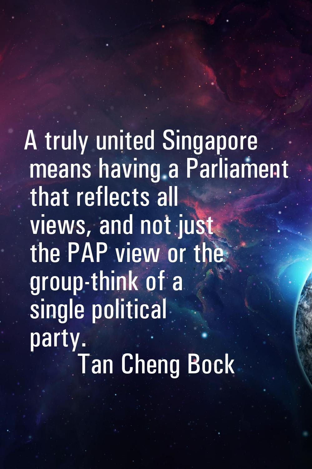 A truly united Singapore means having a Parliament that reflects all views, and not just the PAP vi