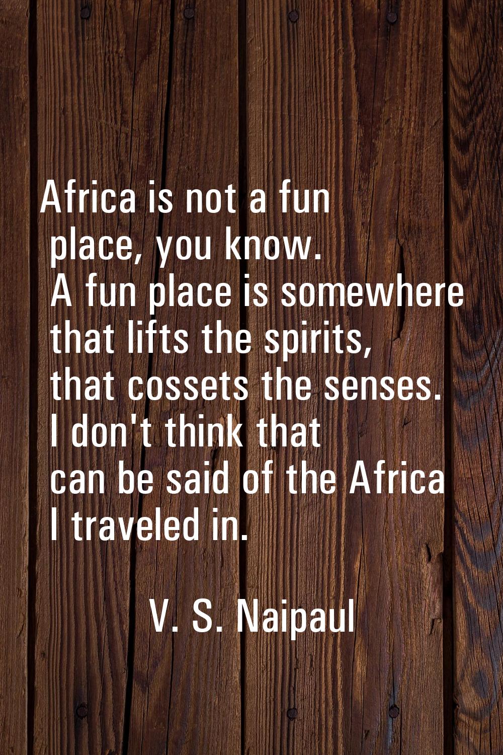 Africa is not a fun place, you know. A fun place is somewhere that lifts the spirits, that cossets 