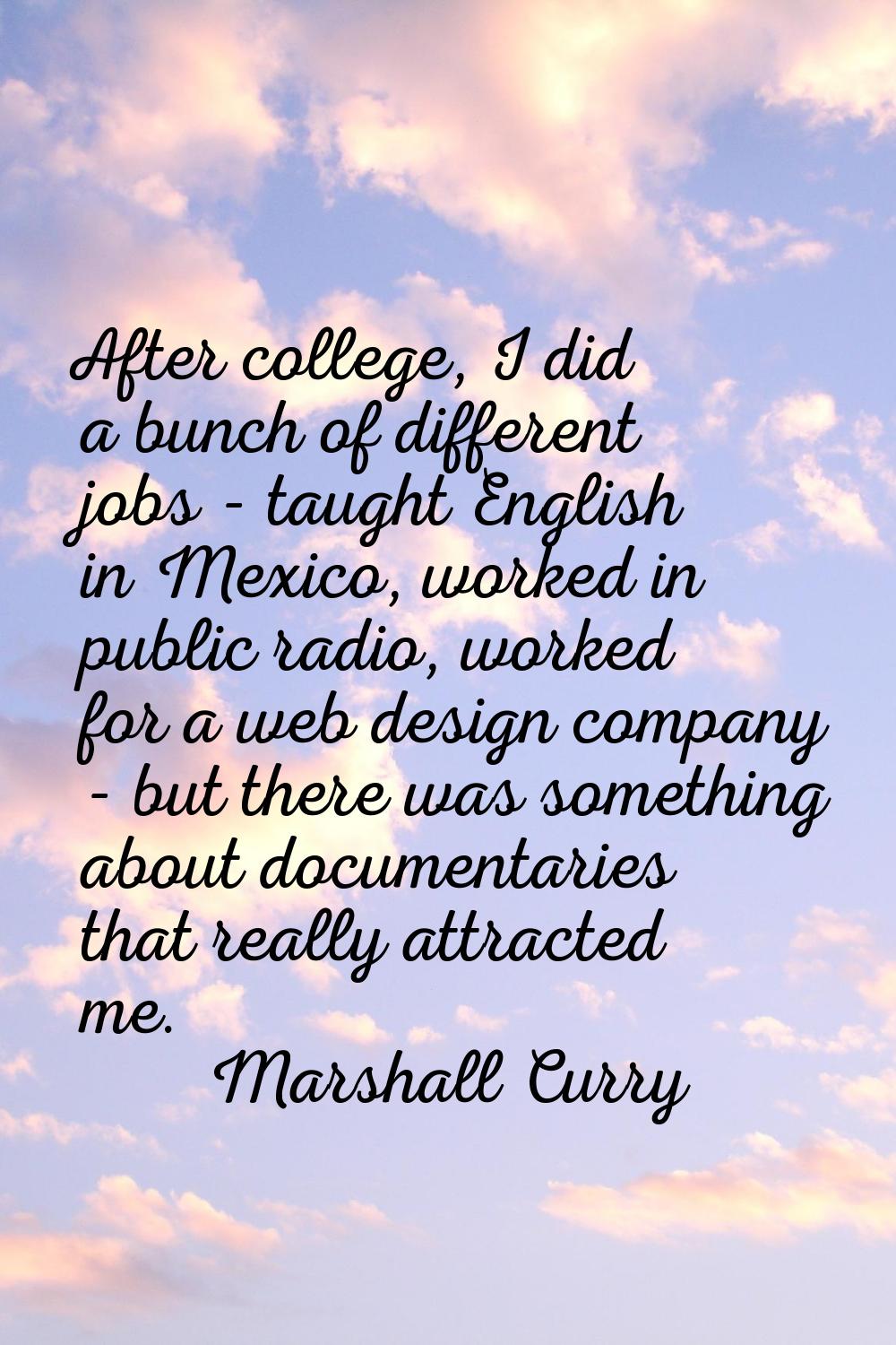 After college, I did a bunch of different jobs - taught English in Mexico, worked in public radio, 
