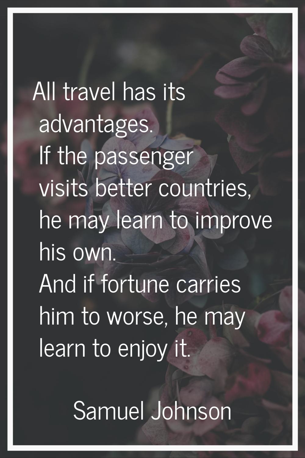 All travel has its advantages. If the passenger visits better countries, he may learn to improve hi