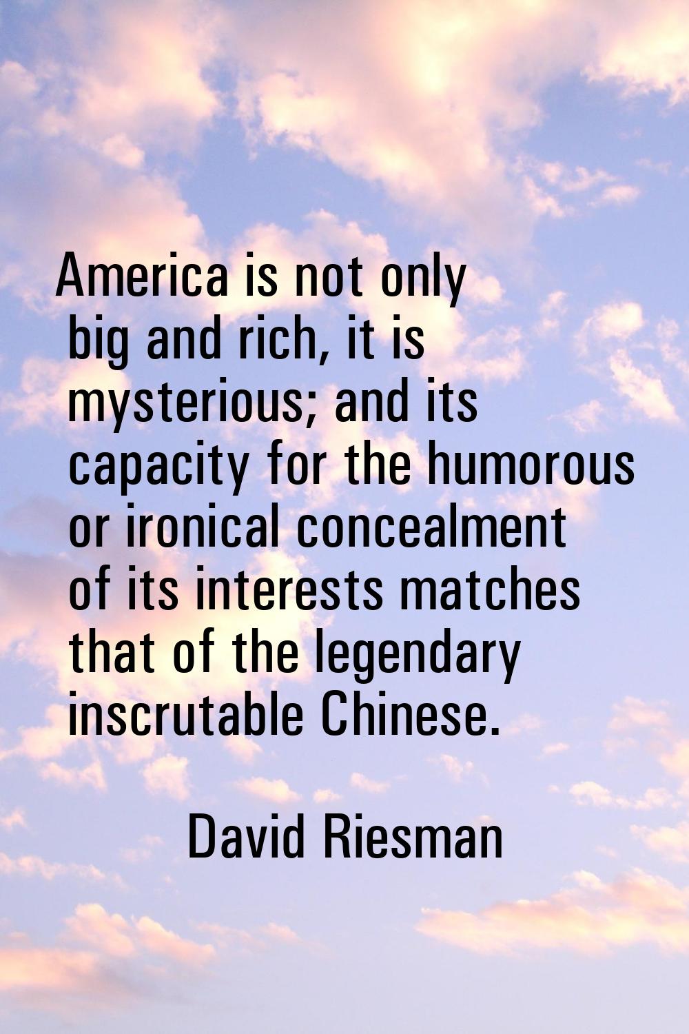 America is not only big and rich, it is mysterious; and its capacity for the humorous or ironical c