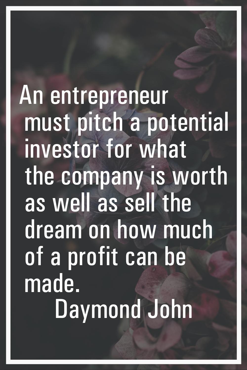 An entrepreneur must pitch a potential investor for what the company is worth as well as sell the d