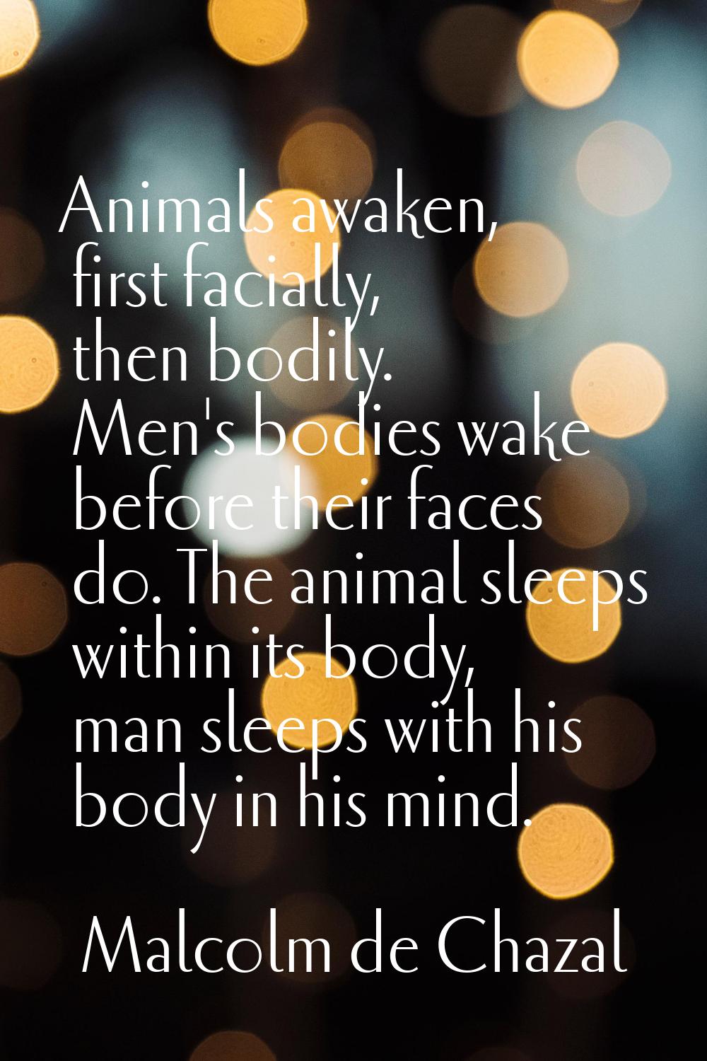 Animals awaken, first facially, then bodily. Men's bodies wake before their faces do. The animal sl