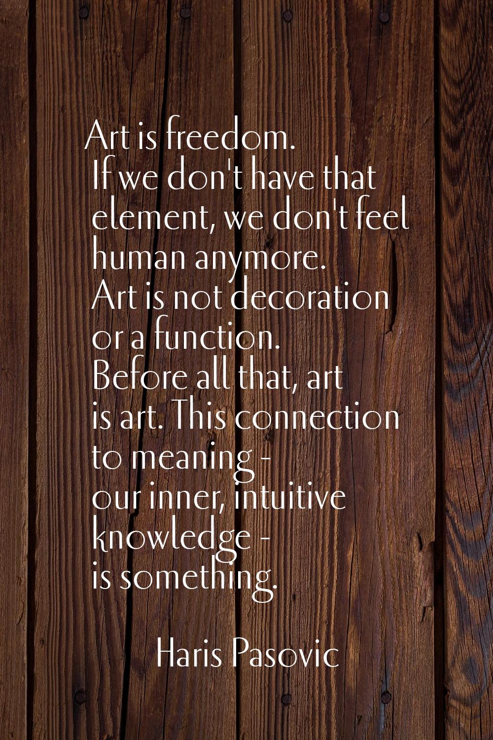 Art is freedom. If we don't have that element, we don't feel human anymore. Art is not decoration o