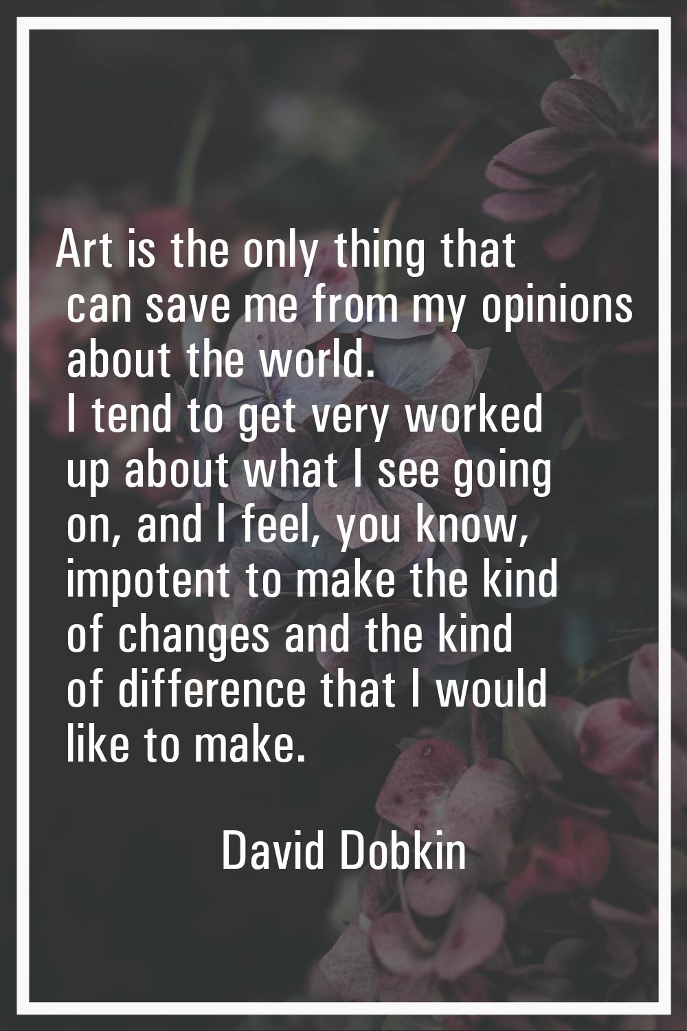 Art is the only thing that can save me from my opinions about the world. I tend to get very worked 