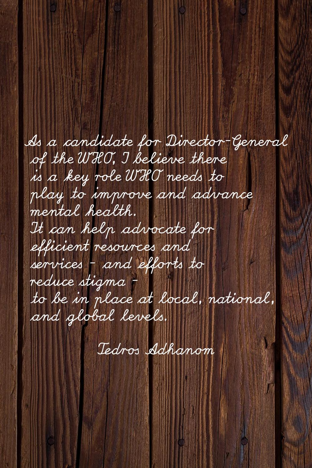 As a candidate for Director-General of the WHO, I believe there is a key role WHO needs to play to 