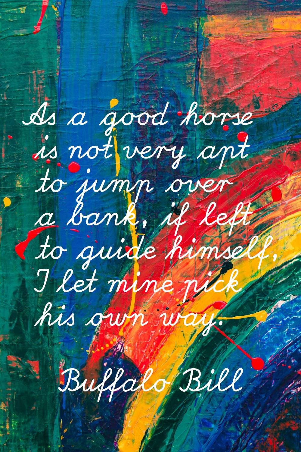 As a good horse is not very apt to jump over a bank, if left to guide himself, I let mine pick his 