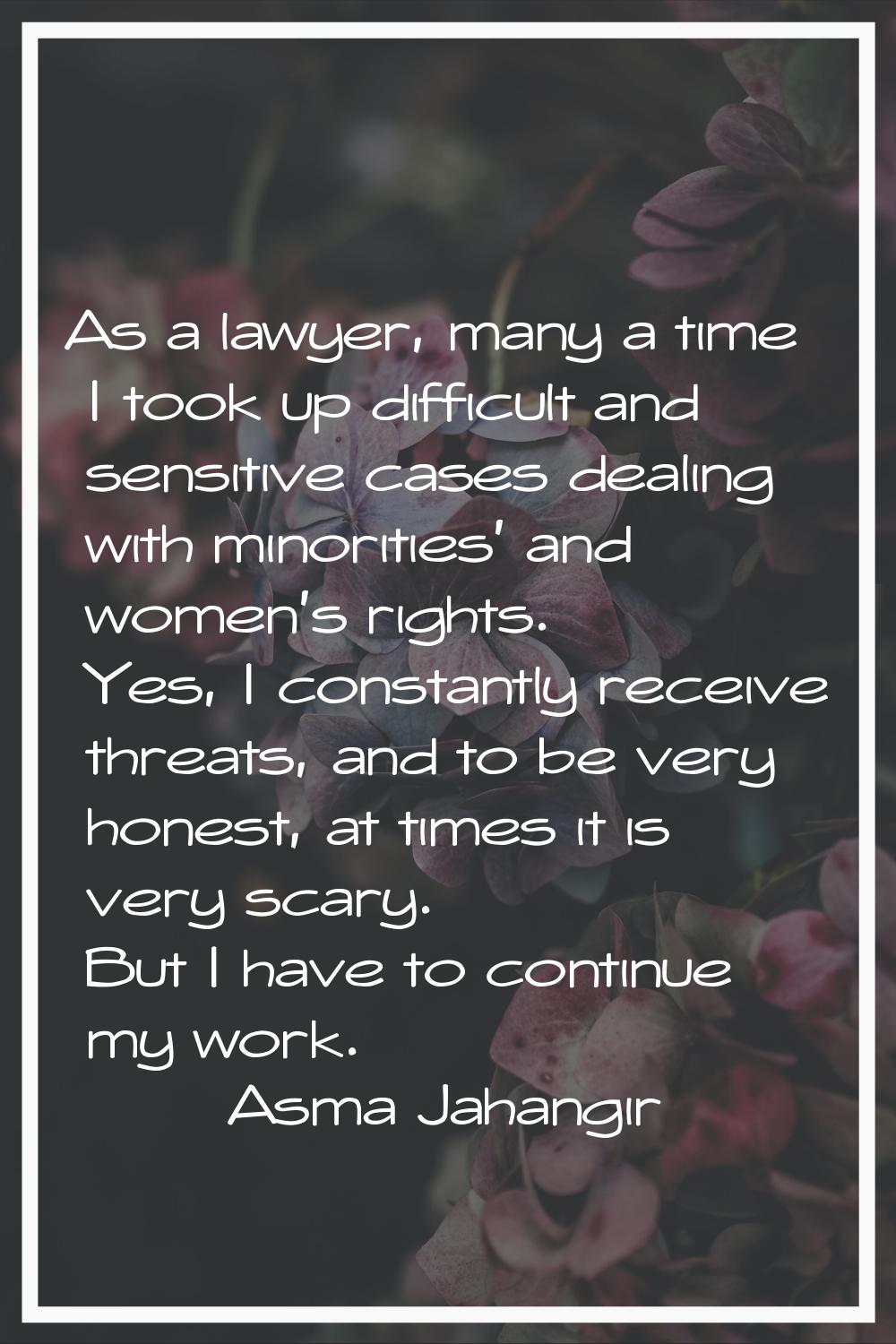 As a lawyer, many a time I took up difficult and sensitive cases dealing with minorities' and women