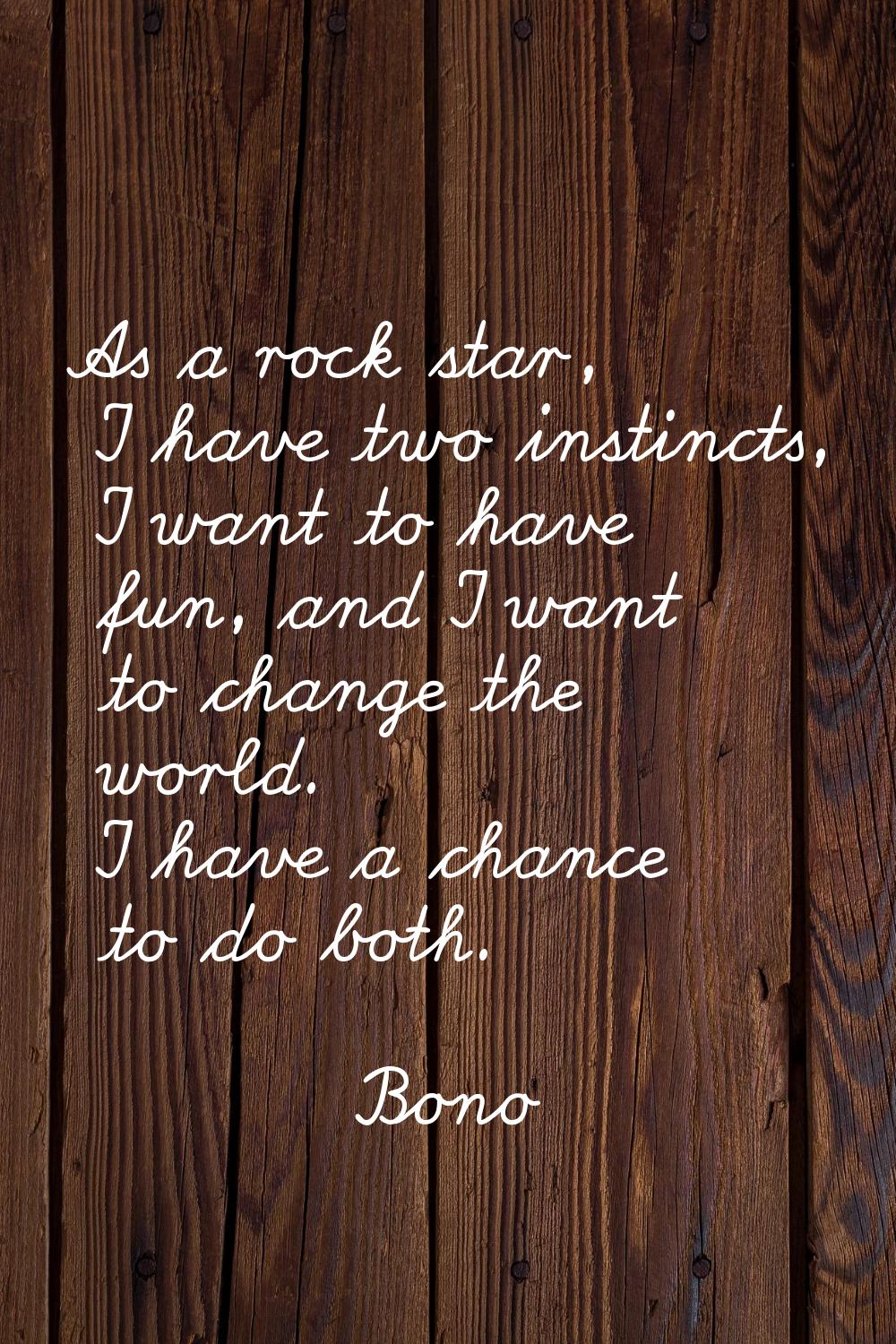 As a rock star, I have two instincts, I want to have fun, and I want to change the world. I have a 