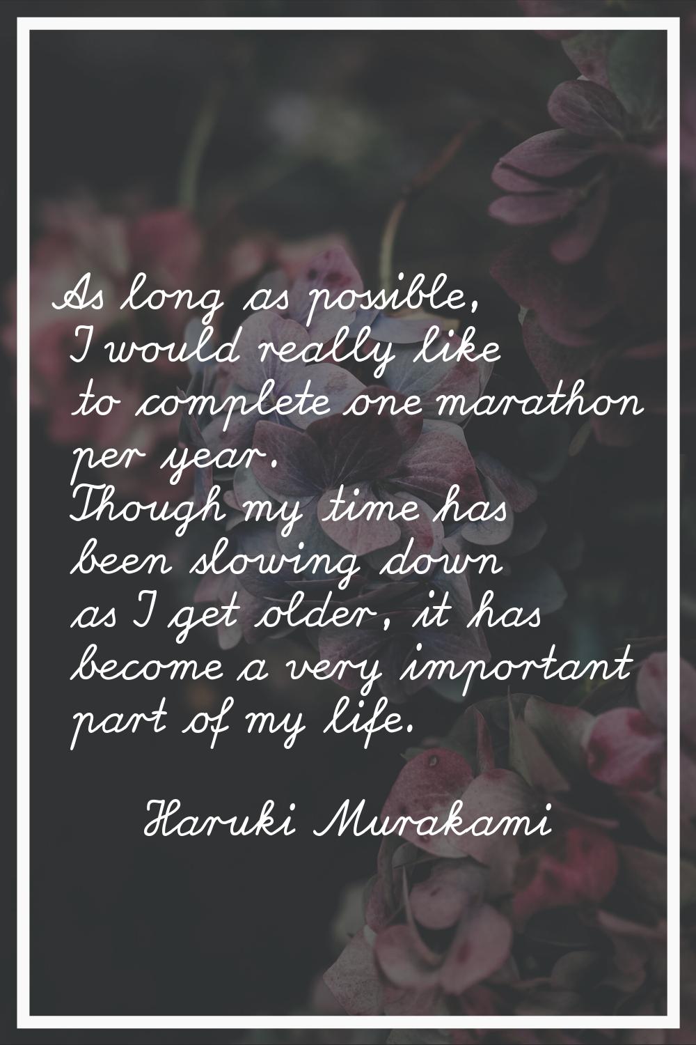 As long as possible, I would really like to complete one marathon per year. Though my time has been