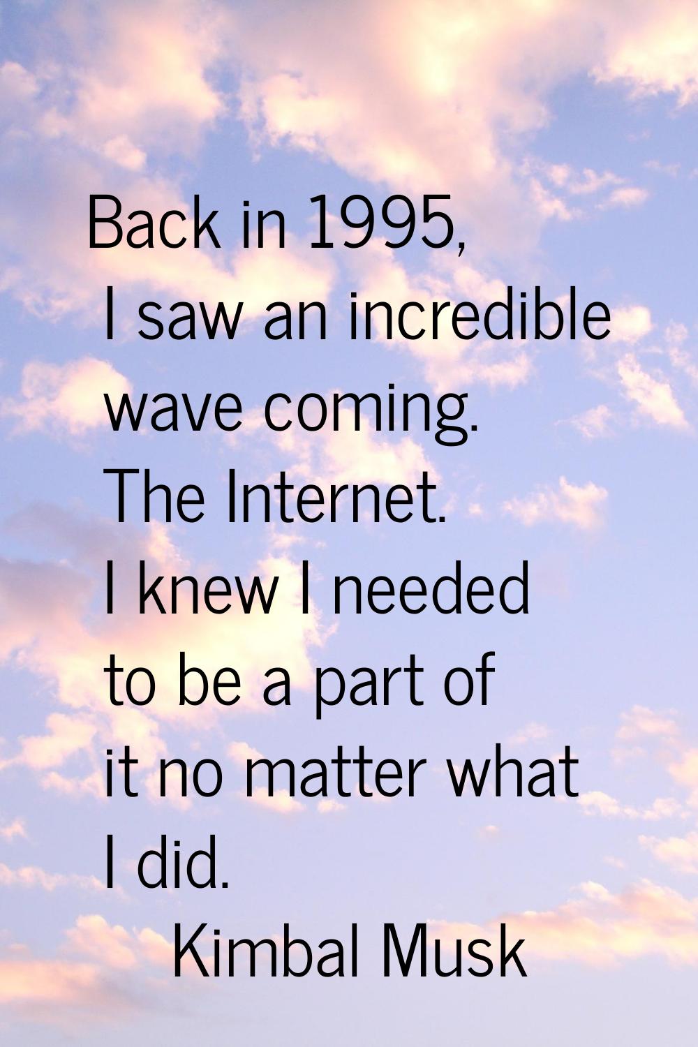 Back in 1995, I saw an incredible wave coming. The Internet. I knew I needed to be a part of it no 