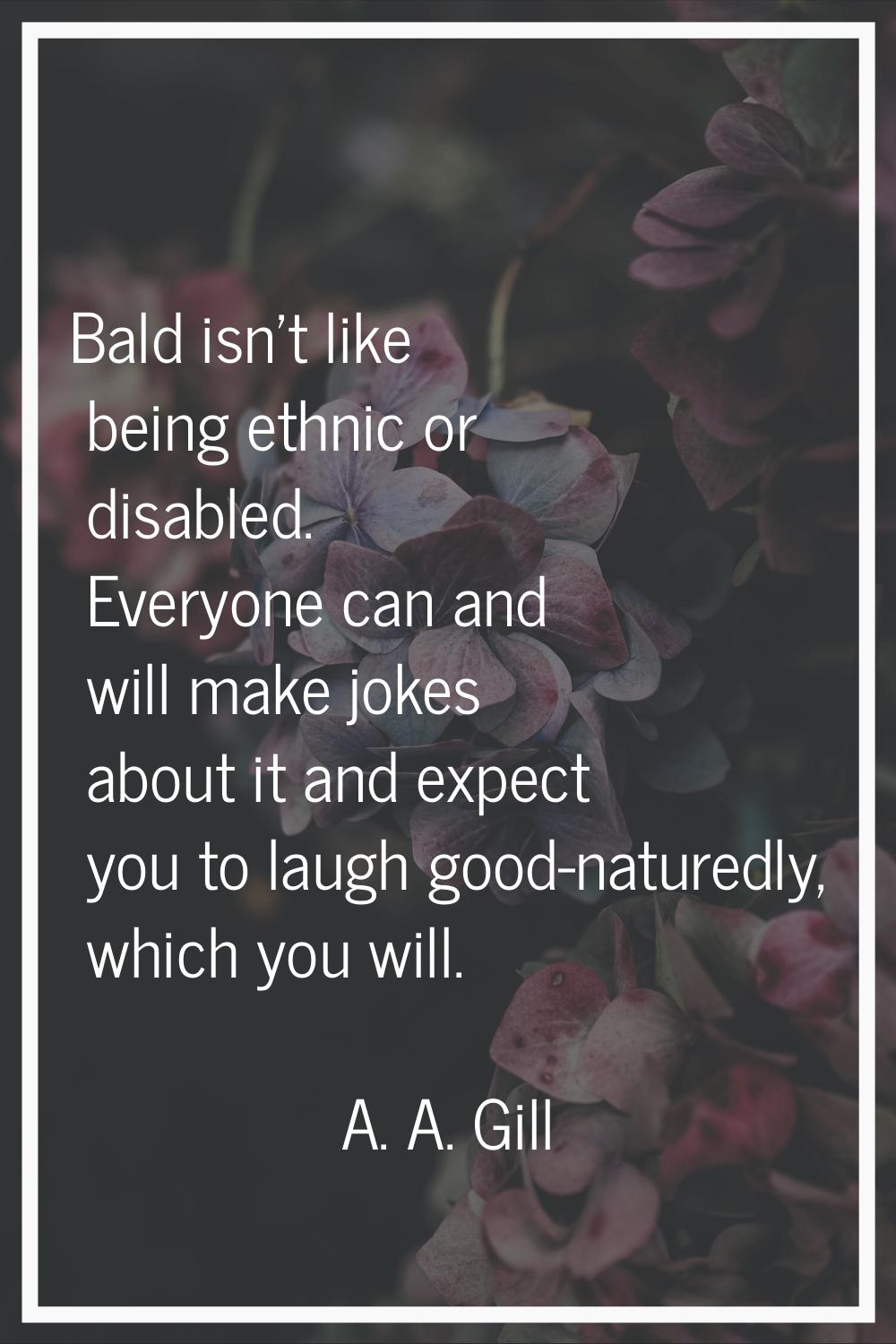 Bald isn't like being ethnic or disabled. Everyone can and will make jokes about it and expect you 
