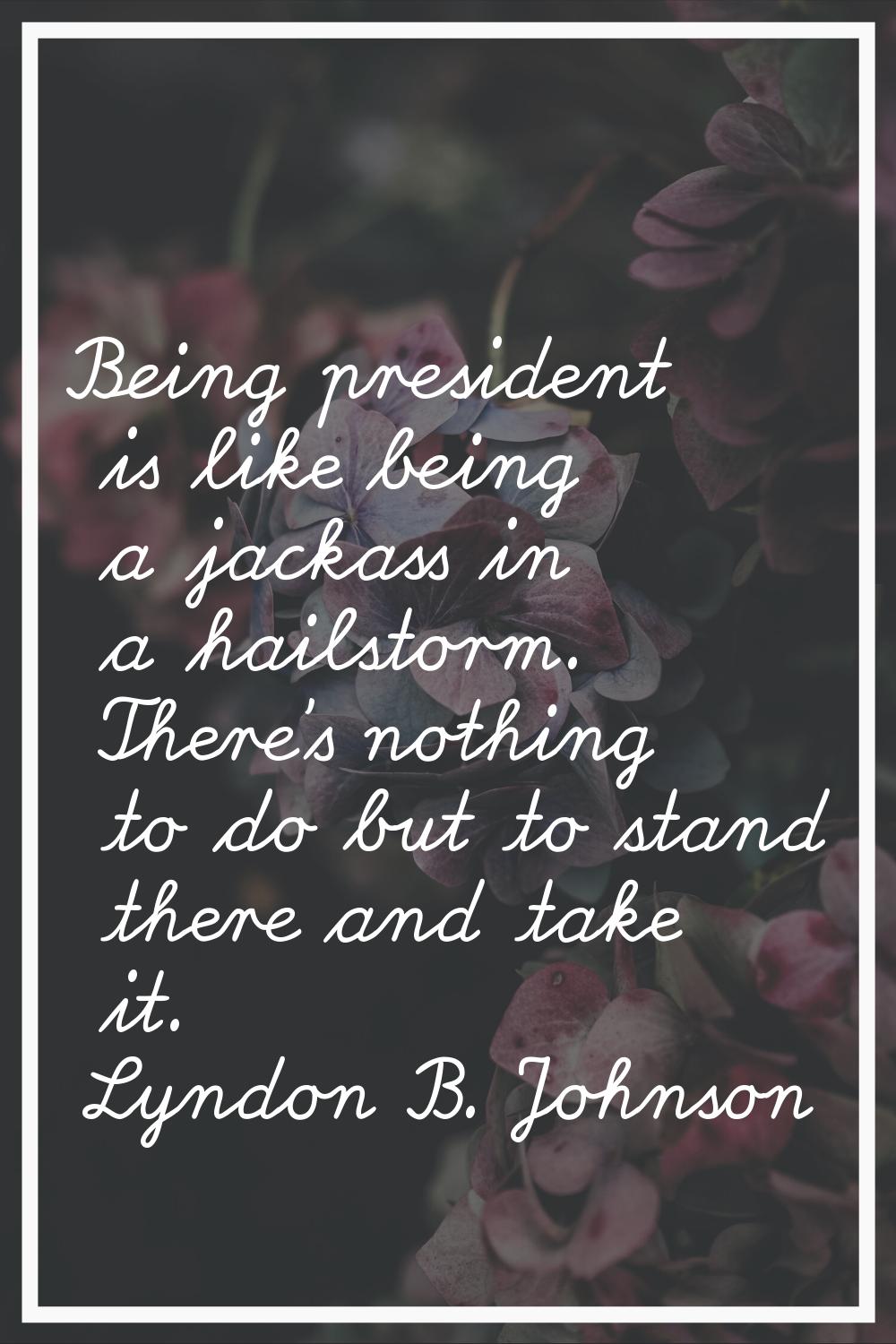 Being president is like being a jackass in a hailstorm. There's nothing to do but to stand there an