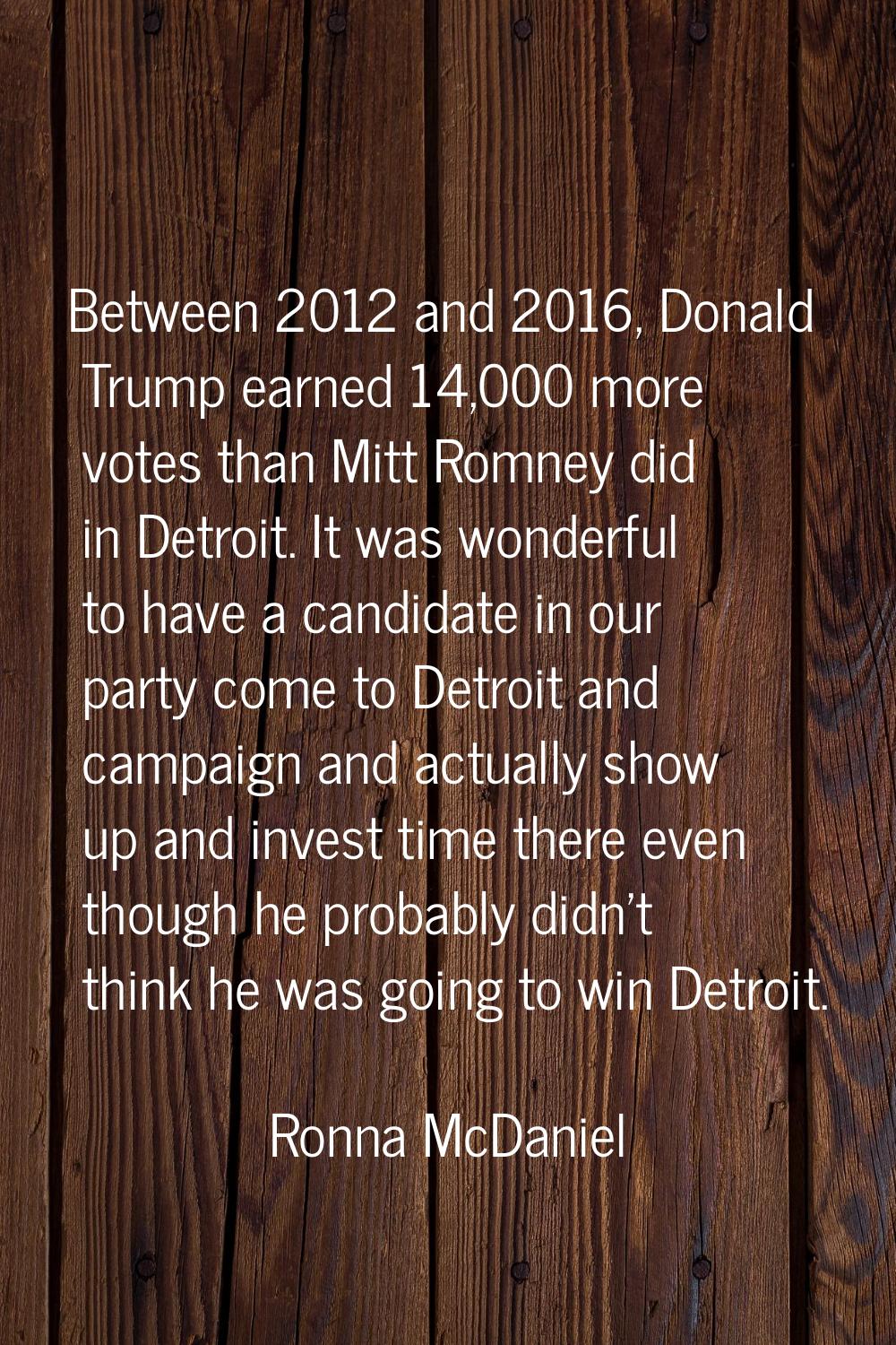 Between 2012 and 2016, Donald Trump earned 14,000 more votes than Mitt Romney did in Detroit. It wa