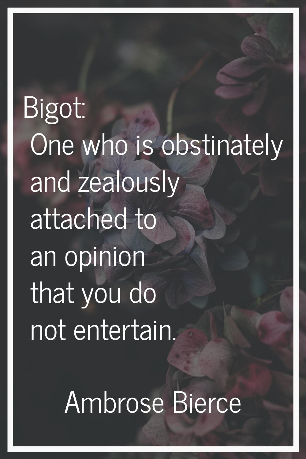 Bigot: One who is obstinately and zealously attached to an opinion that you do not entertain.