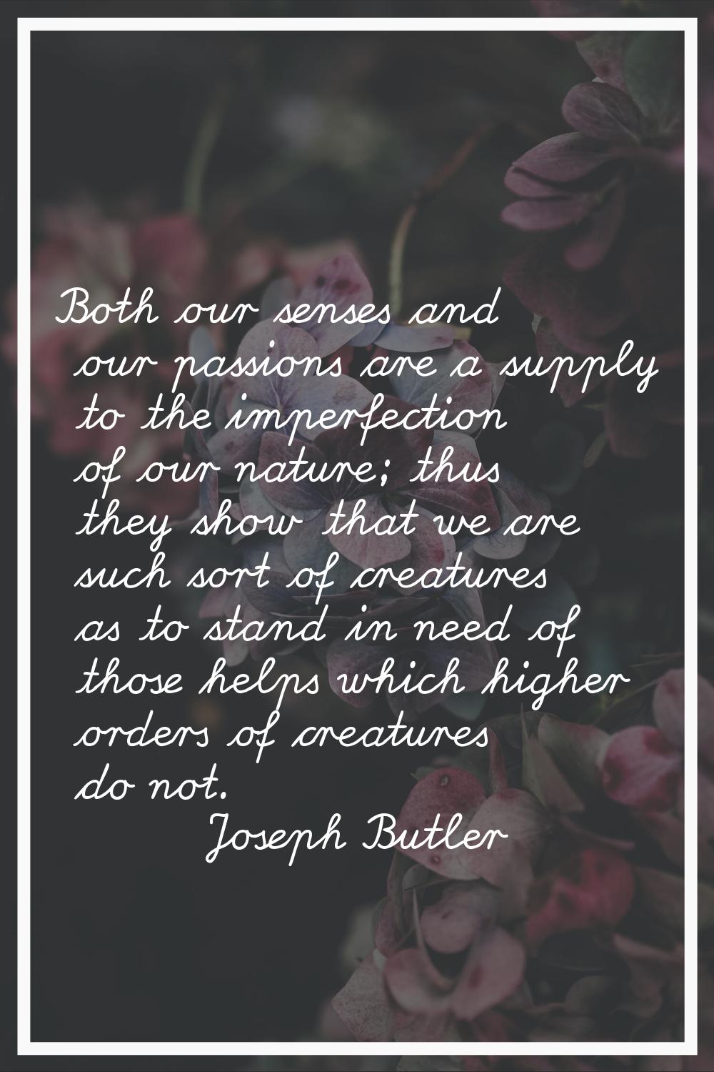 Both our senses and our passions are a supply to the imperfection of our nature; thus they show tha