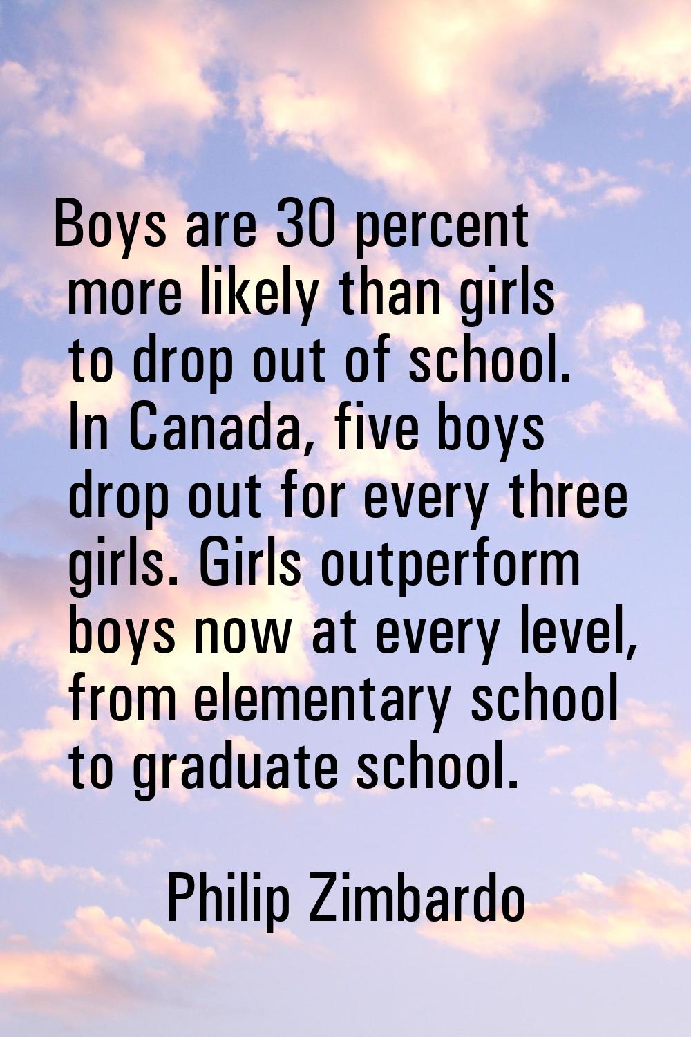 Boys are 30 percent more likely than girls to drop out of school. In Canada, five boys drop out for