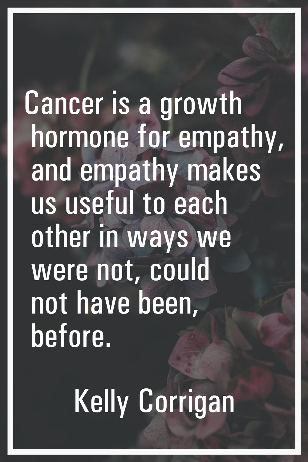 Cancer is a growth hormone for empathy, and empathy makes us useful to each other in ways we were n