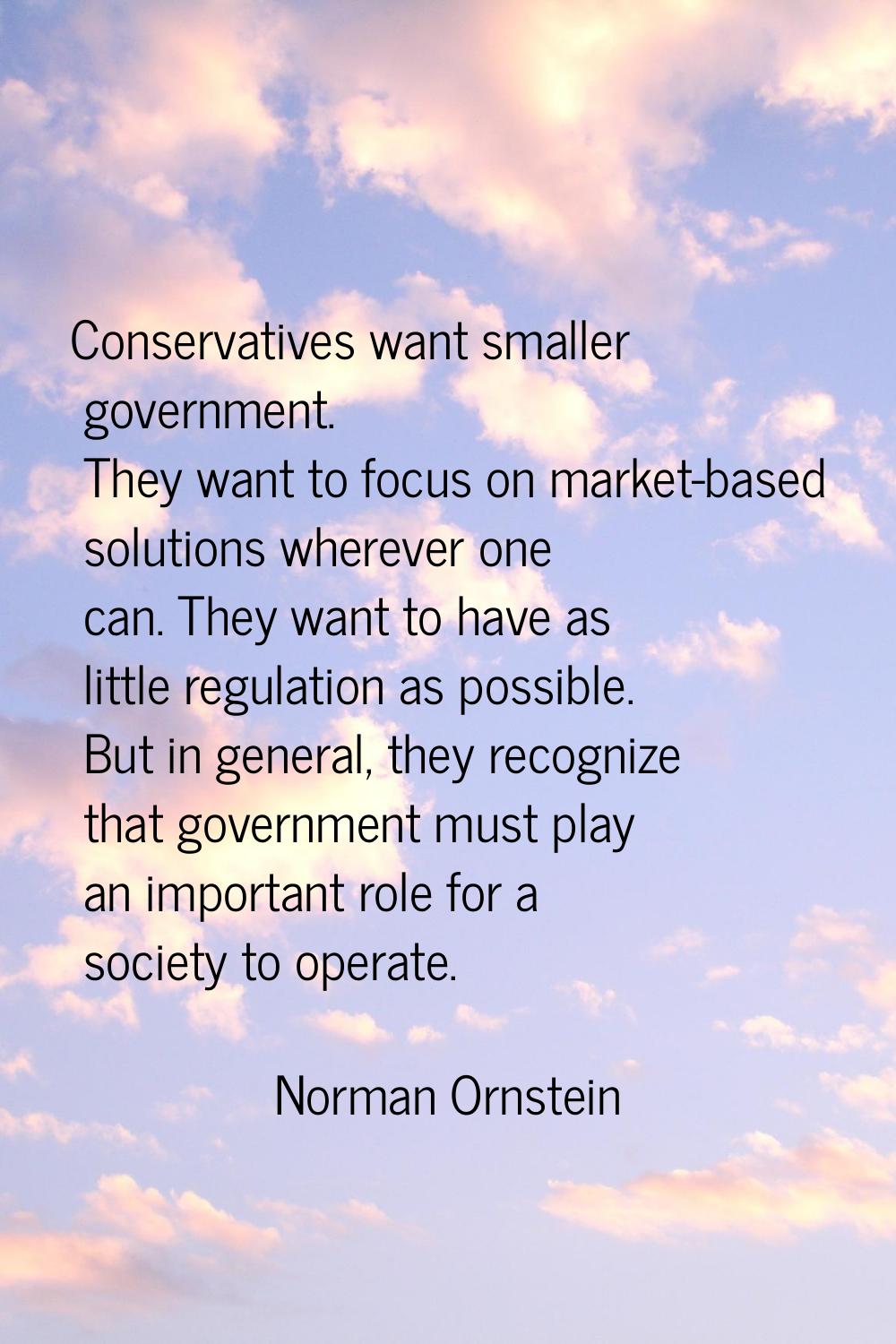 Conservatives want smaller government. They want to focus on market-based solutions wherever one ca