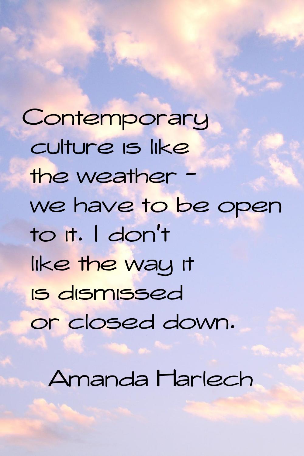 Contemporary culture is like the weather - we have to be open to it. I don't like the way it is dis