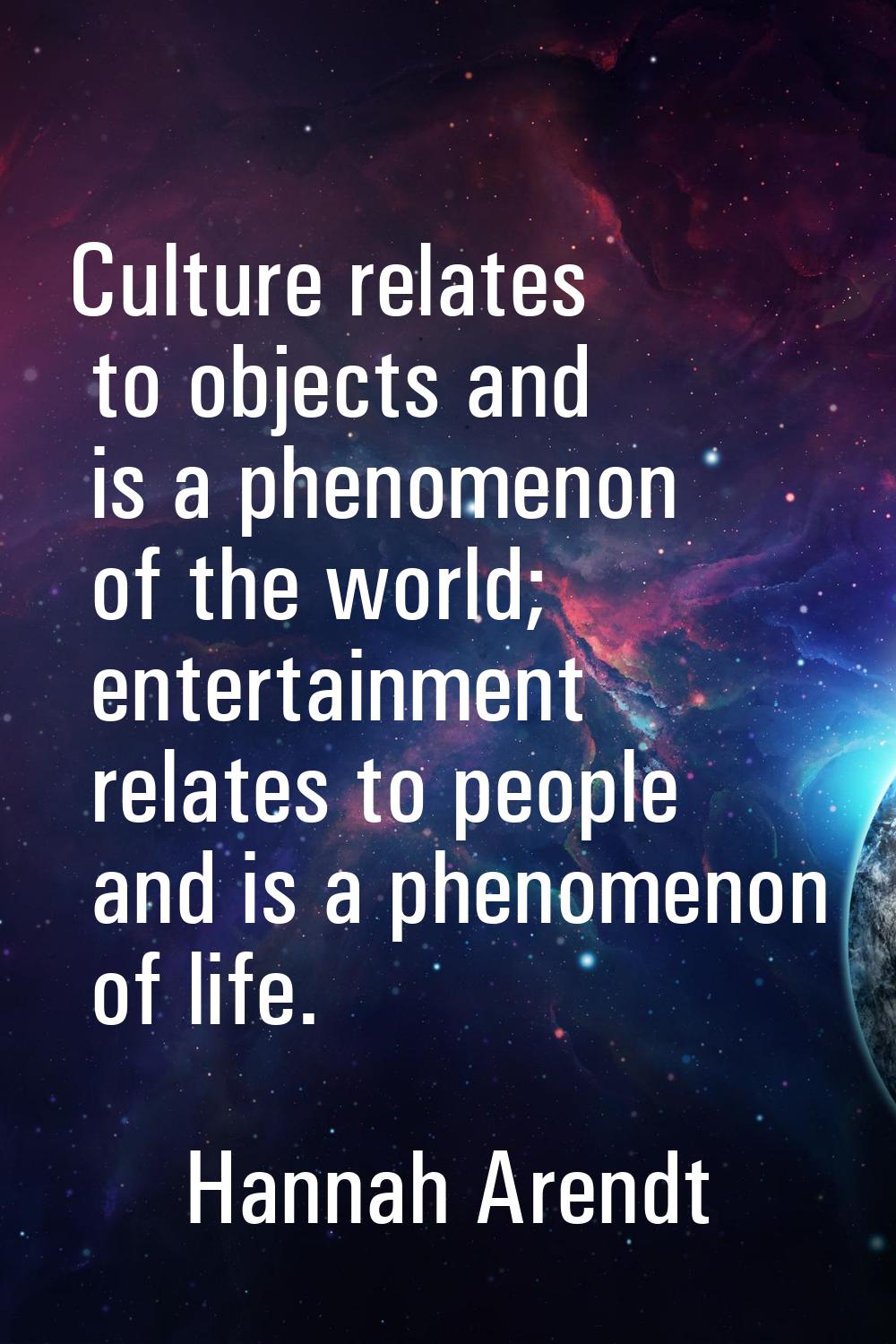Culture relates to objects and is a phenomenon of the world; entertainment relates to people and is
