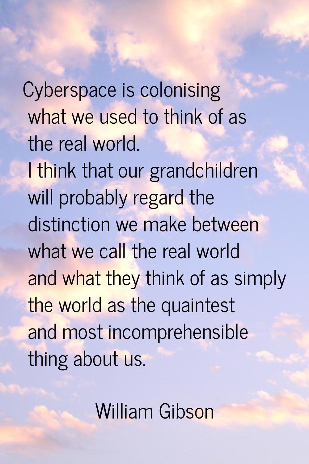 Cyberspace is colonising what we used to think of as the real world. I think that our grandchildren