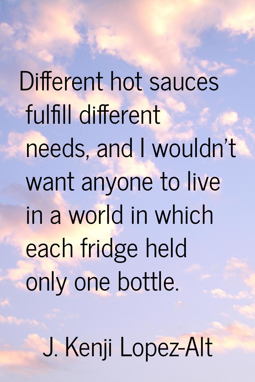 Different hot sauces fulfill different needs, and I wouldn't want anyone to live in a world in whic