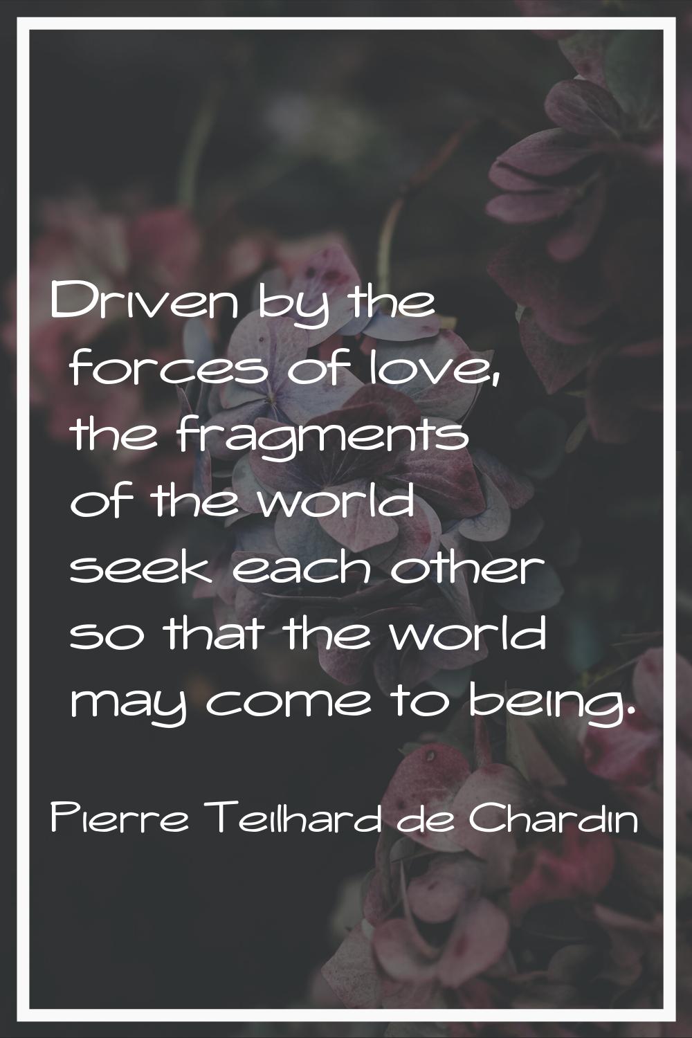 Driven by the forces of love, the fragments of the world seek each other so that the world may come