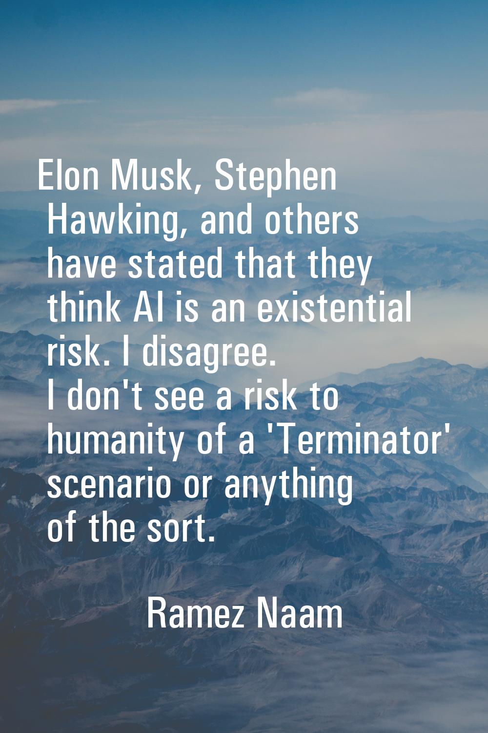 Elon Musk, Stephen Hawking, and others have stated that they think AI is an existential risk. I dis