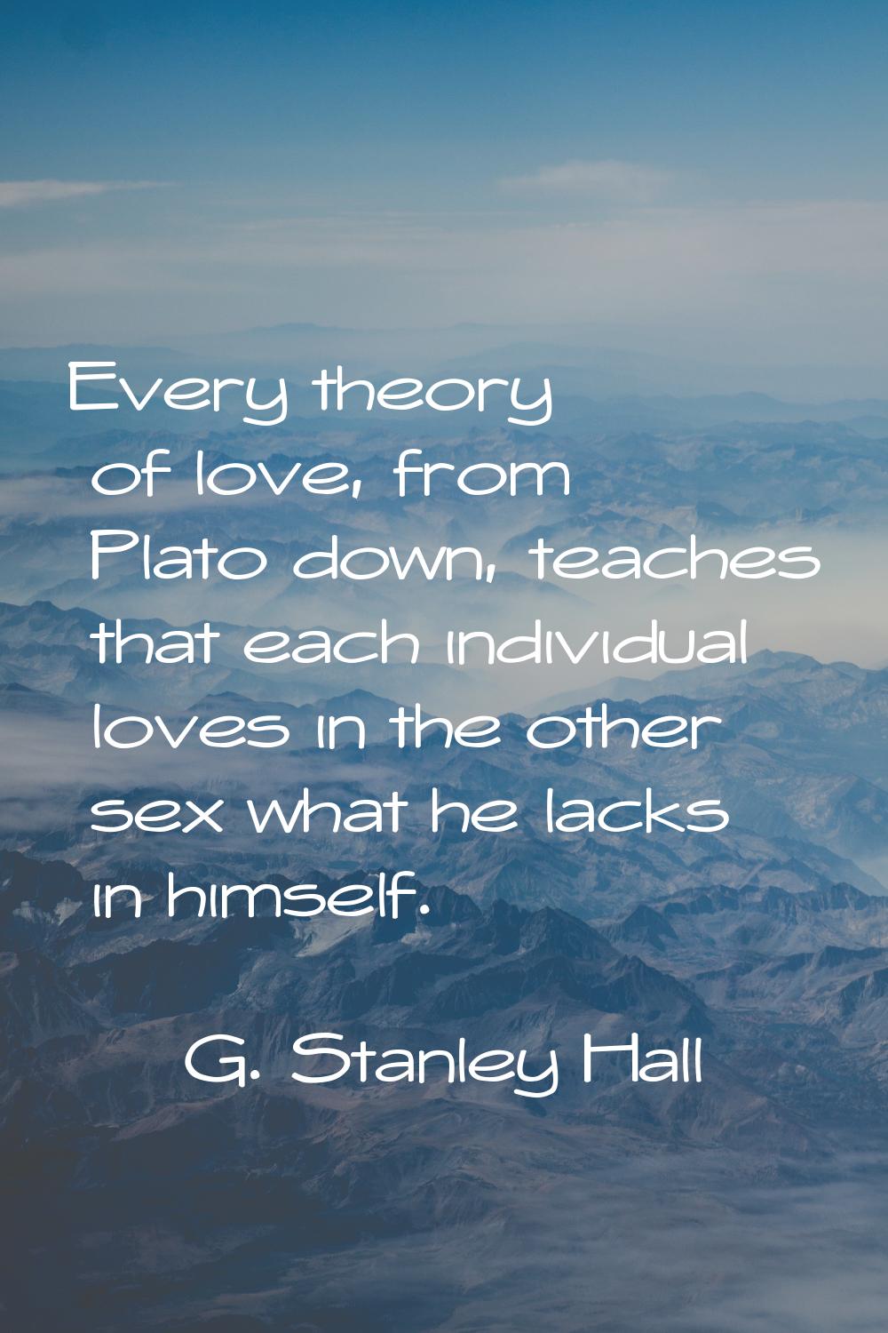 Every theory of love, from Plato down, teaches that each individual loves in the other sex what he 