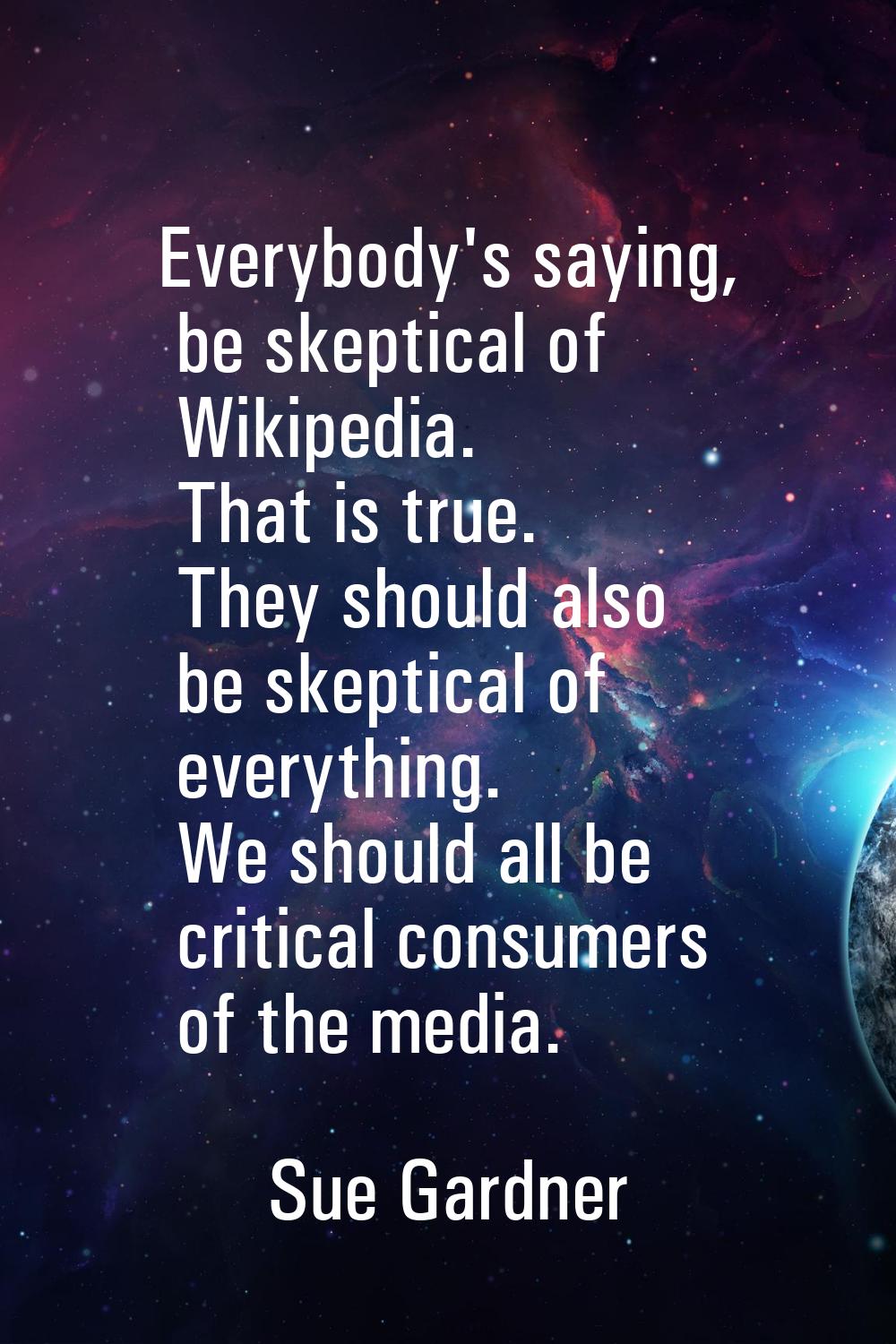 Everybody's saying, be skeptical of Wikipedia. That is true. They should also be skeptical of every