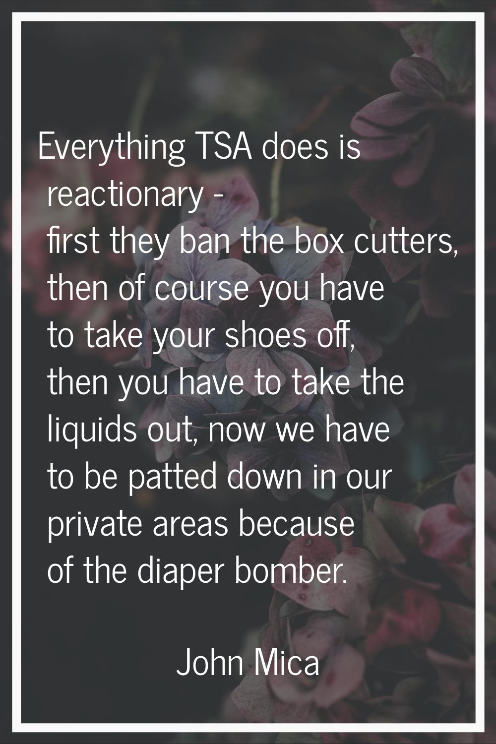 Everything TSA does is reactionary - first they ban the box cutters, then of course you have to tak