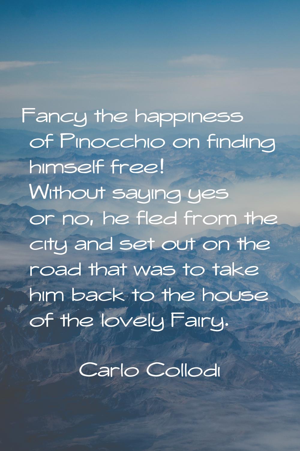 Fancy the happiness of Pinocchio on finding himself free! Without saying yes or no, he fled from th