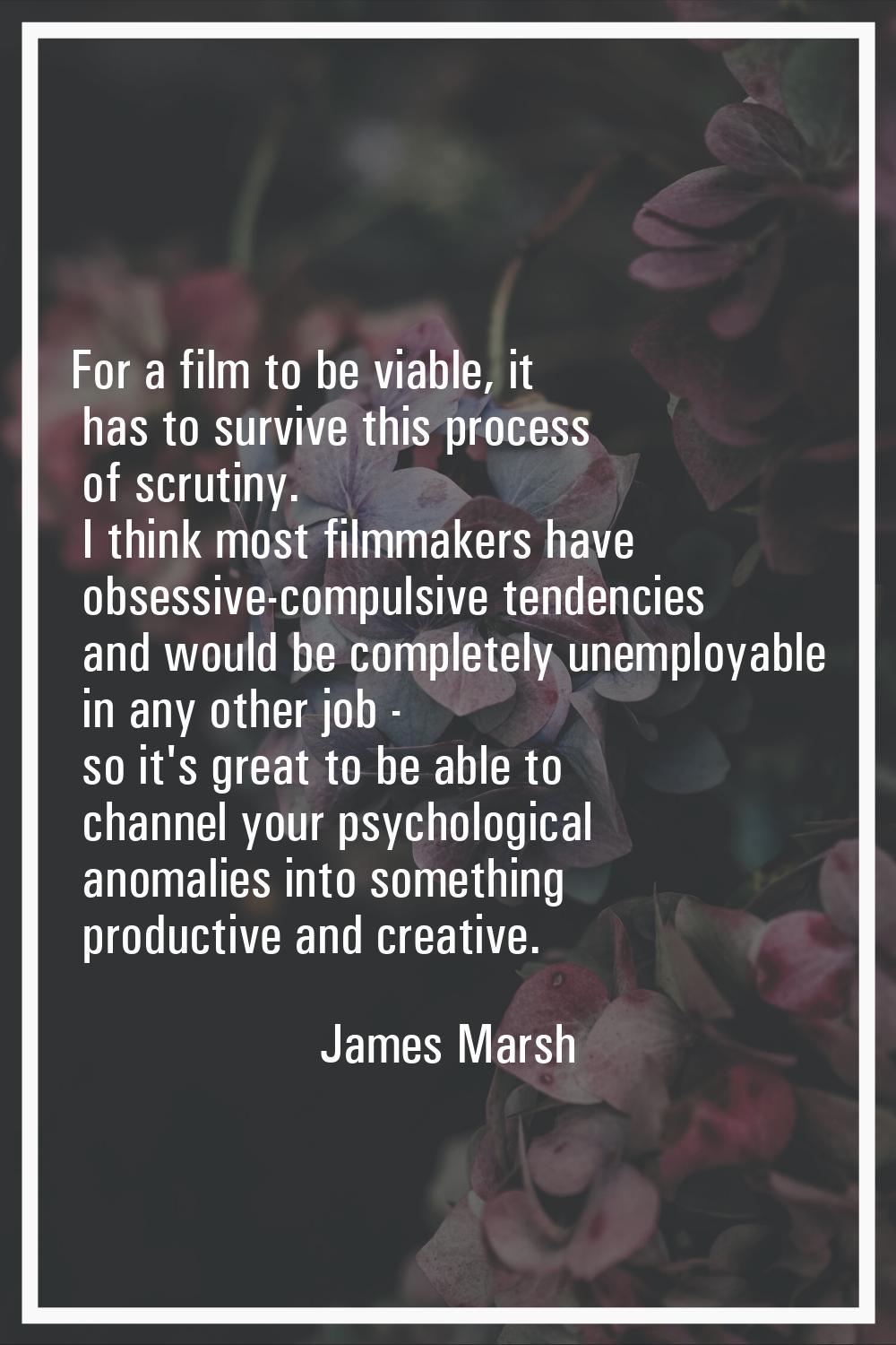 For a film to be viable, it has to survive this process of scrutiny. I think most filmmakers have o