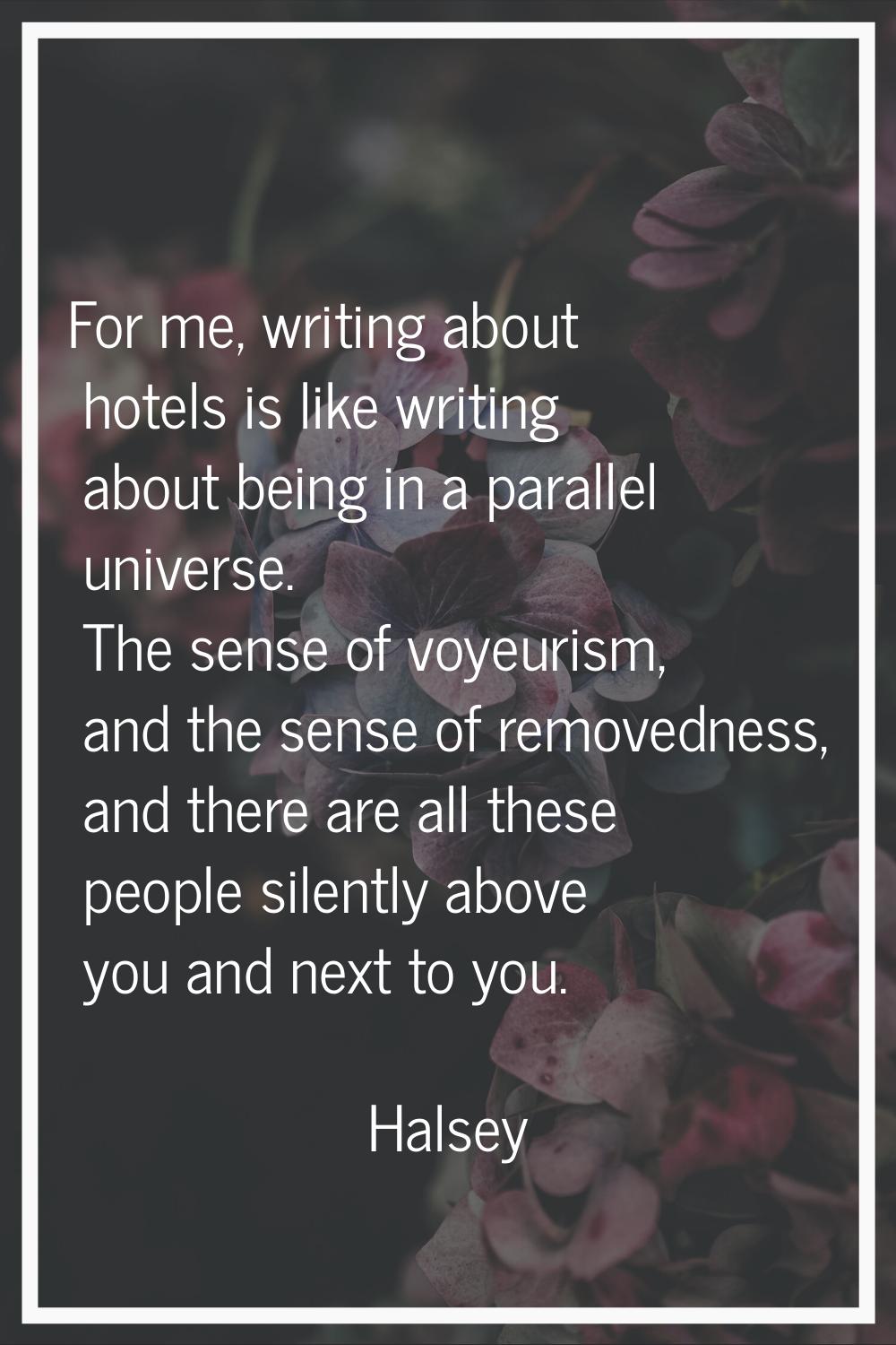 For me, writing about hotels is like writing about being in a parallel universe. The sense of voyeu
