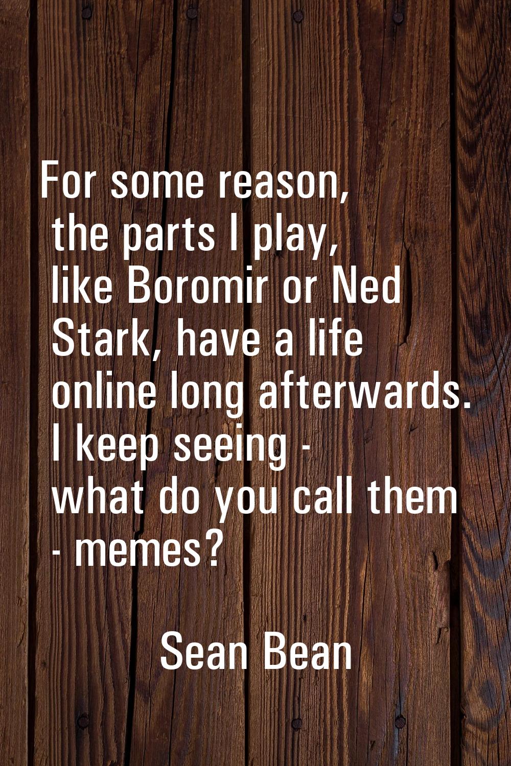 For some reason, the parts I play, like Boromir or Ned Stark, have a life online long afterwards. I